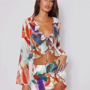 Colorful Abstract Print Top and Skirt Set